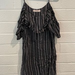 Black and white vertical striped cold shoulder dress